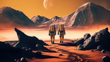 Wall Mural - exploring the unknown: astronauts walking on alien planets and beyond in the cosmos. generative ai