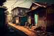 Old shabby houses in the slum district. Created with Generative AI technology