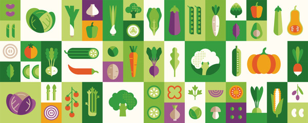 Vegetable illustration set: cabbage, broccoli, cucumber, tomato, zucchini, eggplant, carrot. Fresh healthy food. Vector icons in flat geometric style.