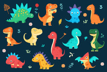Cute Dinosaurs Set. Vector Flat Cartoon Illustration. Doodle Nursery Decorative Elements. Children Kindergarten Print, Nordic Style Zoo, Velociraptor And Funny T-rex Adventures 