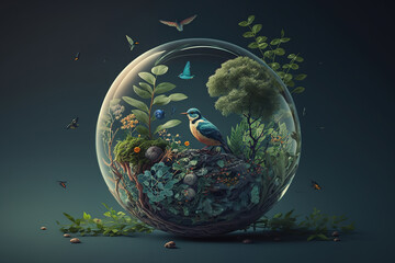 the greenery forest in transparent sphere marble with freshness and beautiful environment inside, th