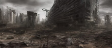 Ruins City After Military Strike Or Earthquakes, Destroyed Building And Empty Streets. Apocalyptic Landscape Concept, Illustration