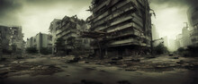 Ruins City After Military Strike Or Earthquakes, Destroyed Building And Empty Streets. Apocalyptic Landscape Concept, Illustration