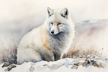 Watercolor Painting Of Arctic Fox On A Snowy Field. Beautiful Artistic Animal Portrait Made With Generative AI.
