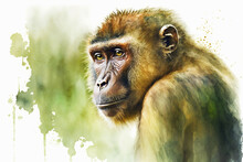 Watercolor Painting Of Barbary Ape (Macaca Sylvanus) With Copy Space For Text. Beautiful Artistic Animal Portrait For Poster, Wallpaper, Art Print. Made With Generative AI.