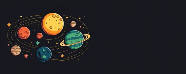 Wall Mural - cartoon illustration of solar system over black background with copy space. generative ai