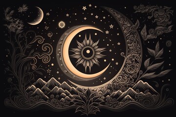 Wall Mural - mystical illustration of moon over landscape. fine lines style over black background. generative ai 