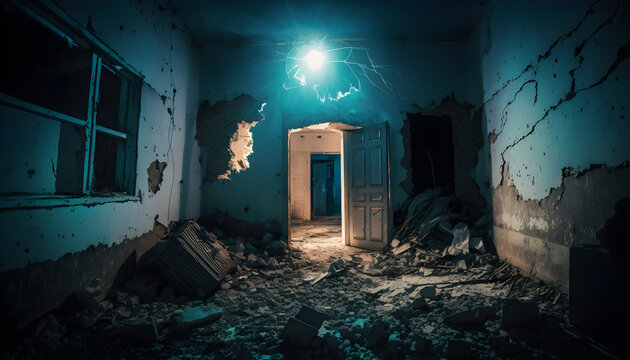 old abandoned building with blue light and broken walls