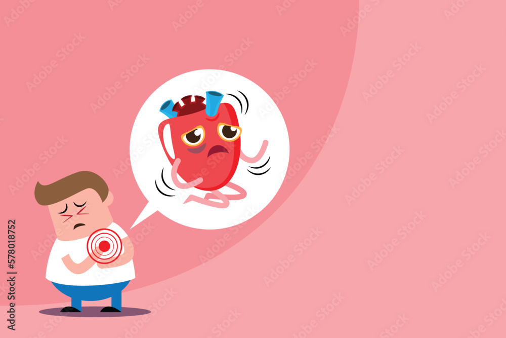 heart cartoon vector, illustration flat character man clutching his chest acute pain. heart body symptom unhealthy, attack, disease, healthcare and medical concept . .
