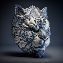 Lion Mask Made Of Chinese Blue And White Pattern Porcelain. Generative AI