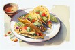 A watercolor painting of a plate of tacos, watercolour style generative AI