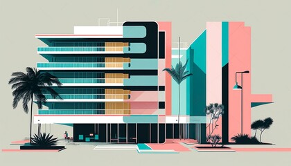 Miami building modern art deco vector paper cut business illustration design wallpaper background created with generative AI technology