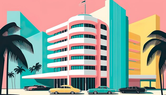 Miami building modern art deco vector paper cut business illustration design wallpaper background created with generative AI technology