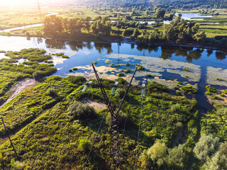 Wall Mural - Aerial view of high-voltage power  tower passing through a wetland.