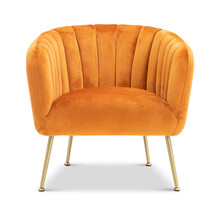 Orange Quilted Fabric Classical Art Deco Style Armchair On Decorative Brass Legs Isolated On White Background With Clipping Path. Front View, Series Of Furniture, Png Transparent