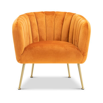 orange quilted fabric classical art deco style armchair on decorative brass legs isolated on white b