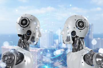 Aufkleber - 2 Humanoid robot Stand face to face on futuristic background. Robot cybernetic organism works with a virtual HUD interface in augmented reality. Future concept.
