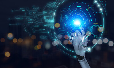 Aufkleber - Hand humanoid robot presses the button on the digital screen. Robot cybernetic organism works with a virtual HUD interface in augmented reality. Future concept.
