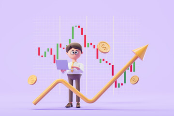 Poster - 3d rendering. Cartoon man with laptop, stock market chart and rising graph line