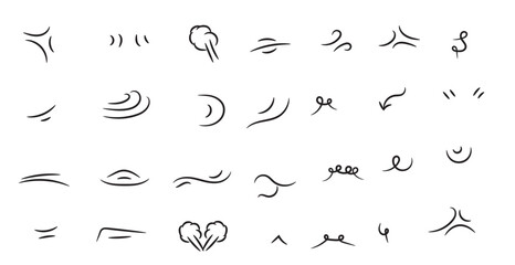vector set of hand-drawn cute cartoony expression sign doodle line stroke. movement drawing, curve d