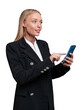 © ImageFlow - Businesswoman working with smartphone, smiling isolated over whi