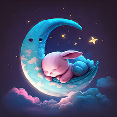 Wall Mural - Baby Bunny Napping on the Moon in a Gorgeous Pink and Blue Cloudscape Created Using Generative Ai