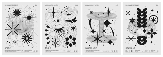 Wall Mural - Futuristic retro vector minimalistic Posters with strange wireframes graphic assets of geometrical shapes modern design inspired by brutalism and silhouette basic figures, set 12