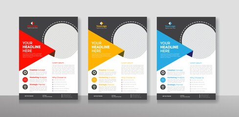 Wall Mural - Corporate business flyer design and digital marketing agency brochure cover template with photo Free Vector with Blue, yellow & Rad