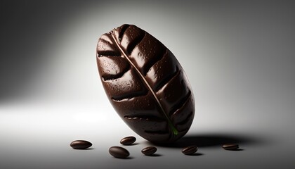 Canvas Print -  a piece of chocolate with a leaf on top of it and coffee beans on the ground around it on a gray background with a shadow.  generative ai