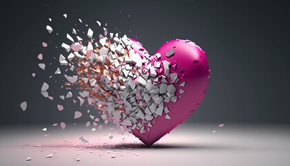  a heart shaped object with a lot of broken pieces on it's side and a lot of confetti falling out of it.  generative ai