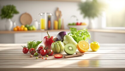  a wooden table topped with lots of different types of vegetables and fruits on top of a wooden counter top next to a kitchen counter top.  generative ai