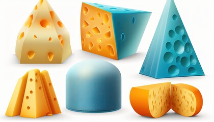  a variety of cheeses are shown on a white background, including cheeses, cheese wedges, and cheese slices, all in different shapes and sizes.  generative ai