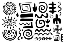 Set Primitive Ethnic Ornaments, Petroglyphs. Arrows, Lines, Spirals, Circles. Patterns, Drawings Of Ancient Tribe, Stone Age. Design Element For Textiles, Paper, Fabrics, Postcard. Vector Illustration