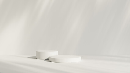 abstract white room with realistic white cylinder pedestal podium set and leaf shadow overlay. minim