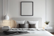 Creative Mockup Concept. Empty Clear Wall With Photo Frame On White Wall And Bed. Bedroom.  Mock Up Frame For Display Or Montage Of Product Or Design. Copy Space. View

