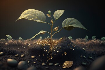 The gold is germinating in the soil.AI technology generated image