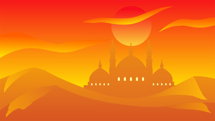 Wall Mural - Background of silhouette mosque in the desert for islamic design. Landscape element for design graphic ramadan greeting in muslim culture and islam religion. Ramadan wallpaper of desert hill