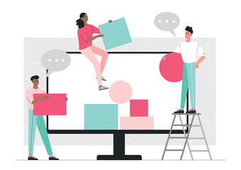 Poster - Group work concept. Men and woman next to computer monitor. Teamwork and partnership, freelancers and designers develop interface for programs and applications. Cartoon flat vector illustration