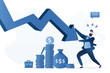 © naum - Falling graph, entrepreneur fighting with economic and financial crisis, bankruptcy. Trying to save savings. Dismissal of an employee due to financial problems at company