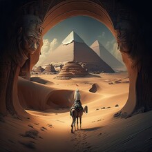 Desert With The Mysterious Pyramids Of Ancient Egypt. Fantasy Desert Oasis Landscape. Unique Pyramids. Illustration Art. Digital Painting. Generative AI
