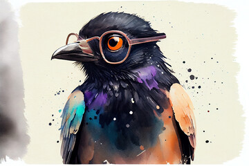 Wall Mural - Cute cartoon crow with glasses. Children's watercolor illustration. Generative AI.