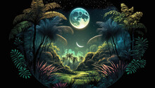 Fantastic Jungle In The Evening, Big Moon In The Sky, Wallpaper, Created With Generative AI Technology.