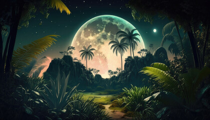 fantastic jungle in the evening, big moon in the sky, wallpaper, created with generative ai technolo