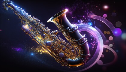 saxophone with glow light abstract background, Generative Ai