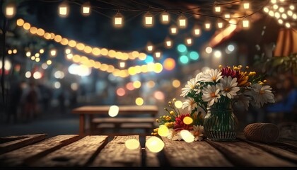 Wall Mural - festive atmosphere restaurant or night market place with string lights and flower bouquet on table, Generative Ai