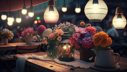 Wall Mural - festive atmosphere restaurant or night market place with string lights and flower bouquet on table, Generative Ai