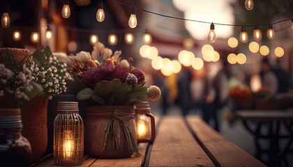 Wall Mural - festive atmosphere restaurant or night market place with string lights and flower bouquet on table, Generative Ai