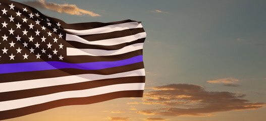 Wall Mural - American flag with police support symbol Thin blue line on sunset sky. American police in society as the force which holds back chaos, allowing order and civilization to thrive. Banner.