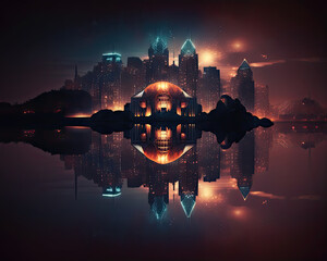 Wall Mural - Futuristic city with reflection. Generative AI image.