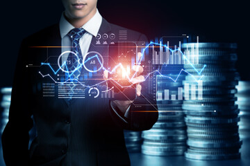 Businessman analyst working with digital finance business data graph showing technology of investment strategy for perceptive financial business decision. Digital economic analysis technology concept.